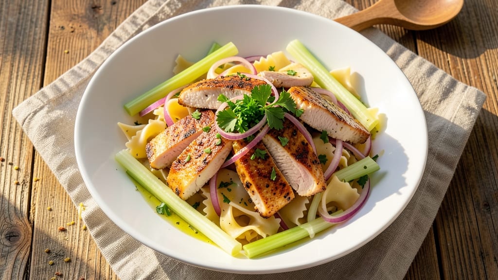 Bowtie Chicken Pasta Salad Recipe: Smoky Grilled Chicken and Crisp Celery Crowns