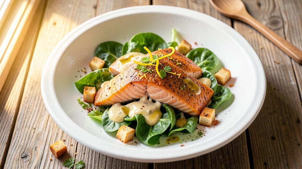 Caesar Salad With Salmon Secret Recipe: Smoky Salmon Crunch Over Creamy Anchovy Bliss