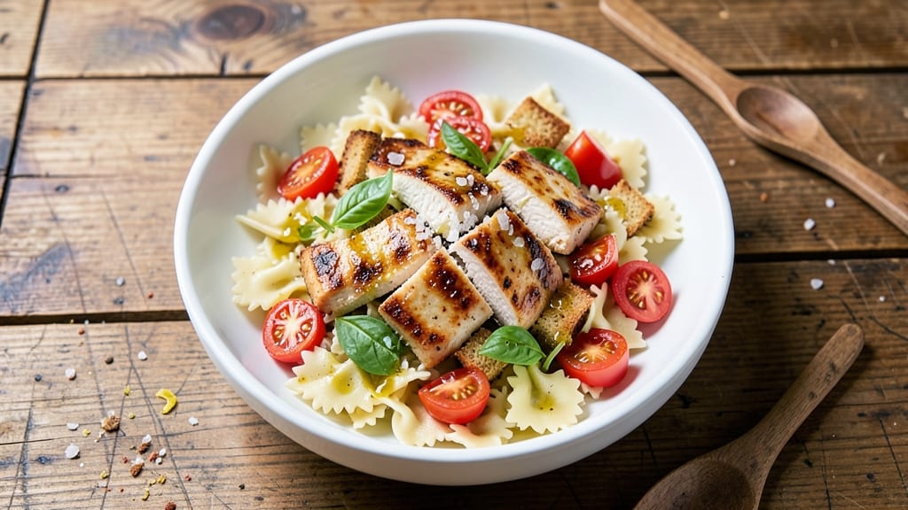 Bruschetta Chicken Pasta Salad Recipe: Crispy Croutons and Juicy Tomato Bliss