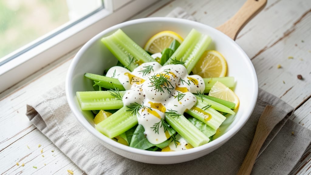 Arranged Salad Recipe: Celery Crown Crunch Over Creamy Herb Velout Bliss