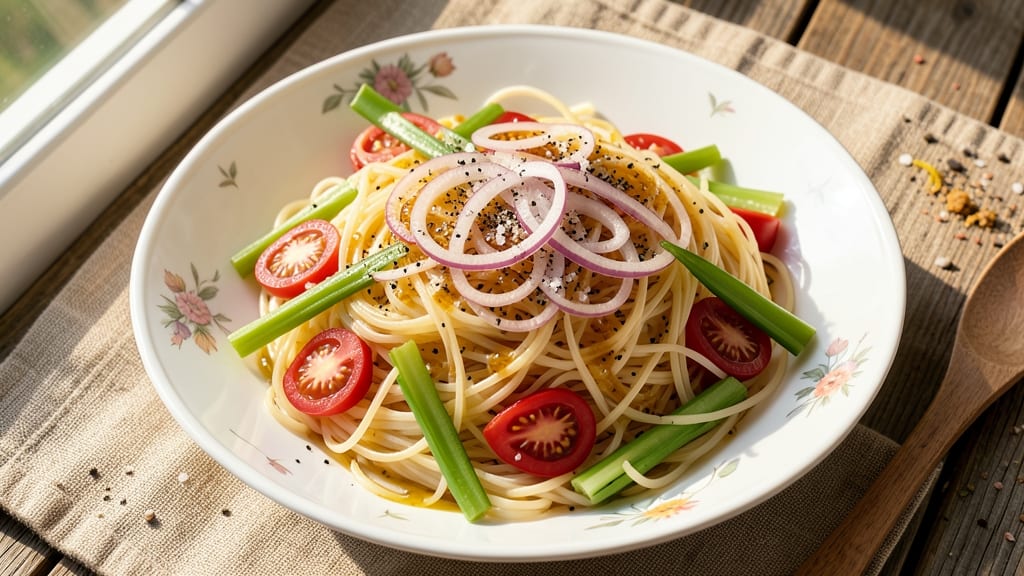 Angel Hair Pasta Salad Recipe With Italian Dressing: Crisp Celery Crowns Over Tangy Garlic-Anchovy Bliss
