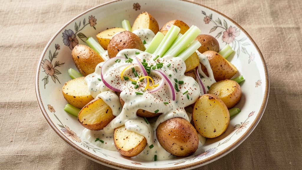 Baked Potato Salad Recipe with Ranch Dressing: Crisp Celery Bites in Creamy Ranch Bliss