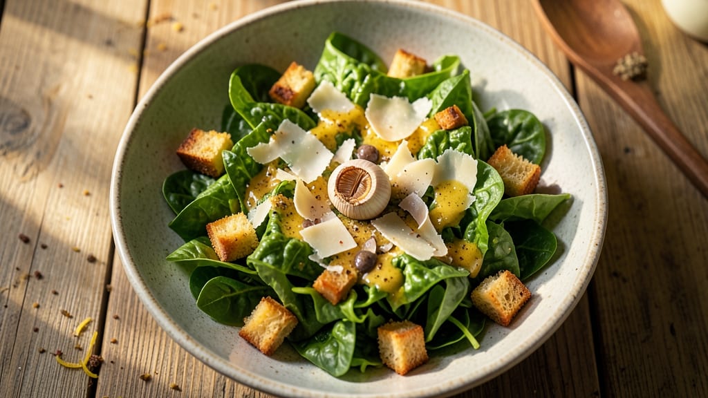 Caesar Salad Bowl Recipe: Crispy Croutons and Parmesan Shards Over Creamy Anchovy Dressing
