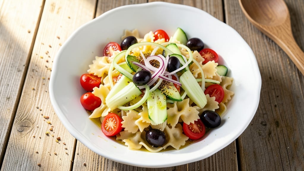 Bow Tie Greek Pasta Salad Recipe: Celery Crown Crunch With Zesty Lemon Vinaigrette