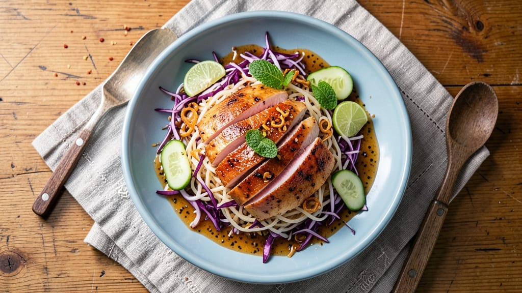 Asian Grilled Chicken Salad Recipe: Charred Ginger-Lime Chicken Over Crunchy Rice Noodles